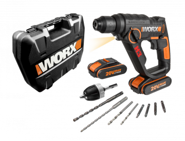 Перфоратор WORX WX390.1 H3, аккумуляторный 20V 1,2Дж, 2 аккумулятора по 2 Ач + зарядное устройство, в кейсе