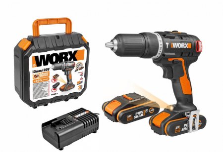 Дрель-шуруповерт ударная WORX WX367 аккумуляторная 20V 40Нм, бесщеточная, 2 аккумулятора по 1,5 Ач + зарядное устройство, в кейсе