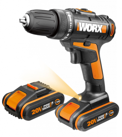 Дрель-шуруповерт WORX WX101.9 аккумуляторная 20В, 30Нм, 2 аккумулятора по 1,5 Ач + зарядное устройство, в сумке