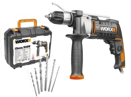 Дрель-шуруповерт ударная WORX WX318 электрическая 220V, 810Вт, в кейсе, Без аккумулятора и зарядного устройства