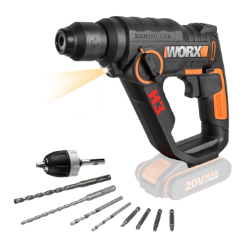 Перфоратор WORX WX390.1 H3, аккумуляторный 20V 1,2Дж, 2 аккумулятора по 2 Ач + зарядное устройство, в кейсе