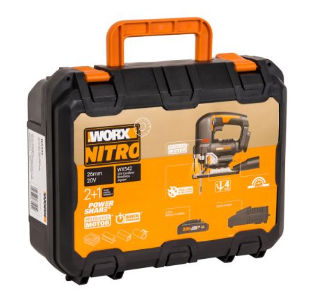 Лобзик аккумуляторный бесщёточный WORX WX542, 20В, 2,5Ач х1, ЗУ 2А, кейс