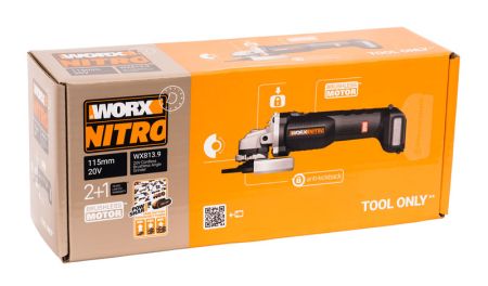 Угловая шлифмашина бесщёточная аккумуляторная WORX WX813.9, 115мм, 20В, без АКБ и ЗУ Угловая шлифмашина бесщёточная аккумуляторная WORX WX813.9, 115мм, 20В, без АКБ и ЗУ