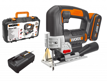 Лобзик WORX WX543.9 аккумуляторный 20V, 1 аккумулятор 2 Ач + зарядное устройство, в кейсе