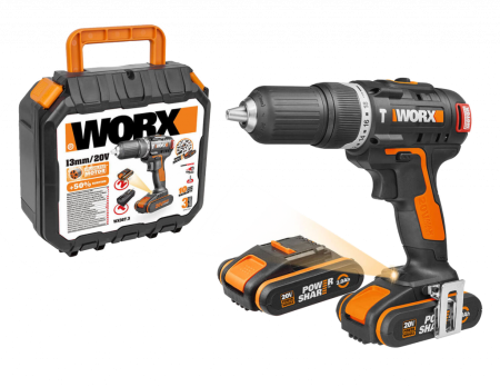 Дрель-шуруповерт ударная WORX WX367 аккумуляторная 20V 40Нм, бесщеточная, 2 аккумулятора по 2 Ач + зарядное устройство, в кейсе