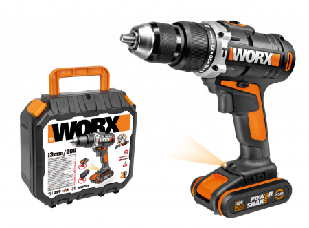 Дрель-шуруповерт ударная WORX WX372.9 аккумуляторная, 20В, 1 аккумулятор 2 Ач + зарядное устройство, в кейсе