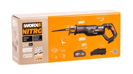 Сабельная пила аккумуляторная бесщеточная WORX WX516, 20В, 4Ач х1, ЗУ 2А